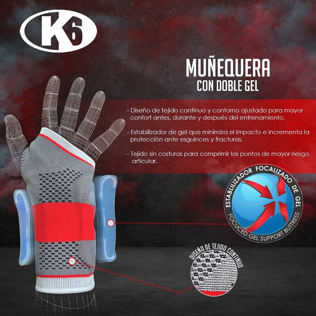 Muñequera k6 de Tela con Gel para Atletas - Imagen 6